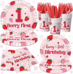 Berry 1st Birthday Tableware Set Plates Cups Napkins Forks for 24 Guests
