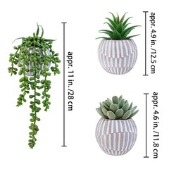 Winlyn 3 Pack Artificial Succulent Plants in Gray Geometric Concrete Green