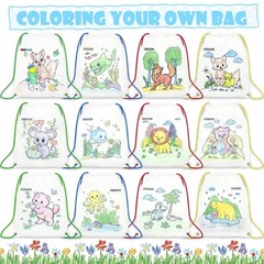 12 PCS colorable drawstring backpack for kids with 12 stackable crayons (7 co…