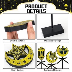 3-Piece Ramadan Wooden Table Decorations, Black Gold Eid Mubarak Table Topper Se