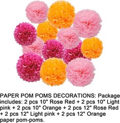 12pcs Rose Red,Light Pink and Orange Paper Pom Poms Decorations for Party Cei…