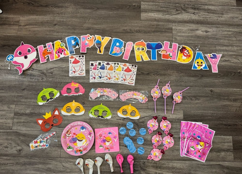 Pink Baby Shark Themed Birthday Party Decorations and Party Favor Supplies Set